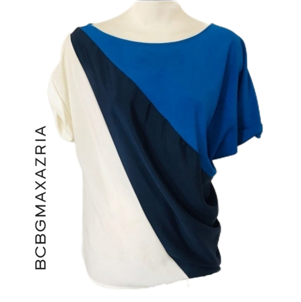 $140 BCBGMaxAzria Blue White Asymmetrical Draped Dress Blouse Top BCBG